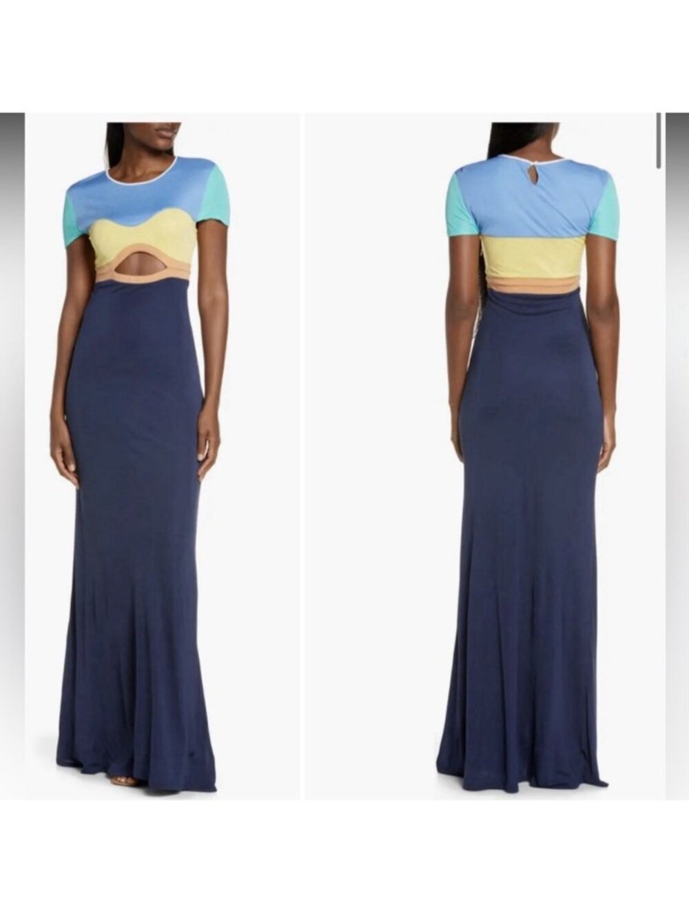 $345 Staud Piera Cool Ocean Cut Out Maxi Sheath Dress Size S Short Sleeve